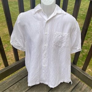 Cubavera shirt button down vacation casual embroidery striped ramie rayon white